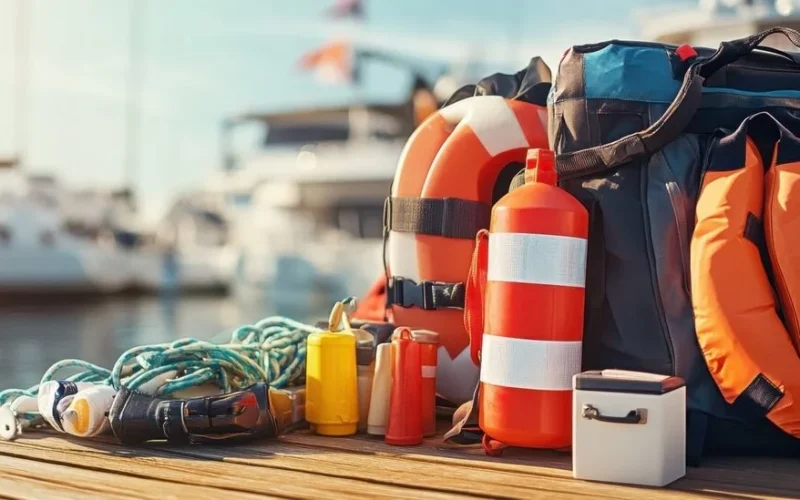 Équipement de sécurité nautique empilé sur un quai