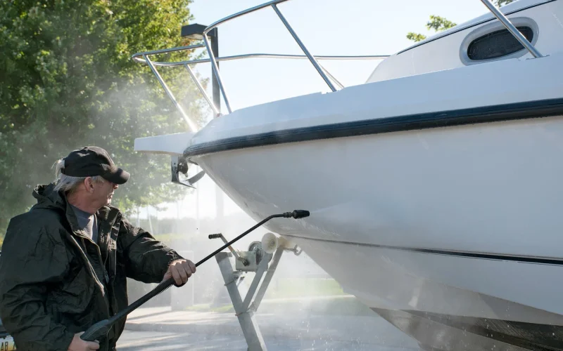 Homme effectuant l'entretien d'un bateau de plaisance